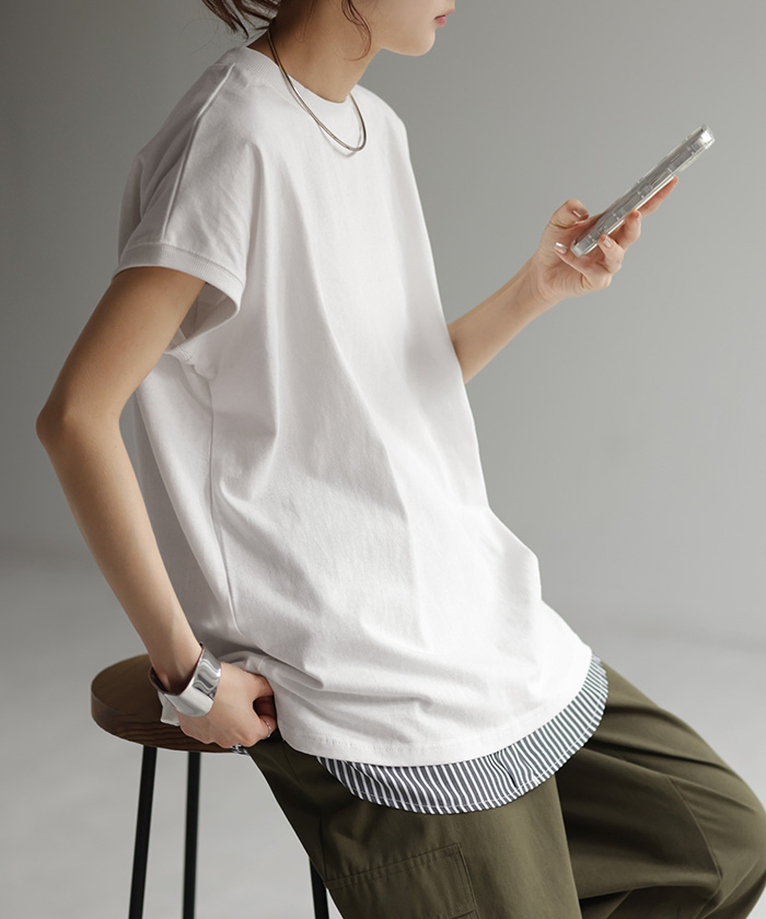 Tシャツ レディーストップス フレンチスリーブ モックネック 半袖 無地 黒 白 | HUG.U | 01