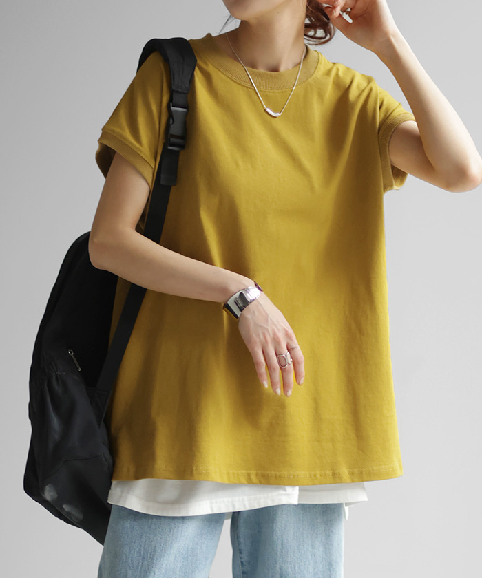 Tシャツ レディーストップス フレンチスリーブ モックネック 半袖 無地 黒 白 | HUG.U | 04