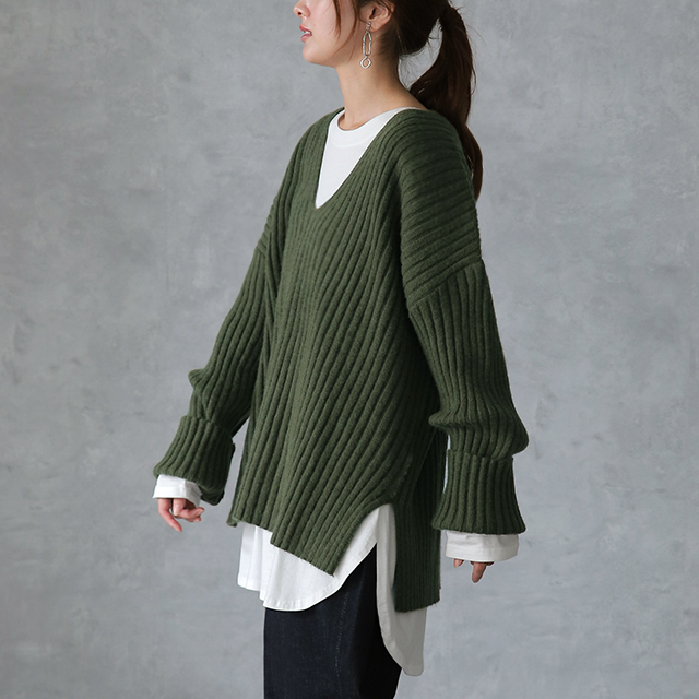 ニット レディース Vネック トップス セーター 黒 無地 長袖 リブ ドロップショルダー | HUG.U | 03