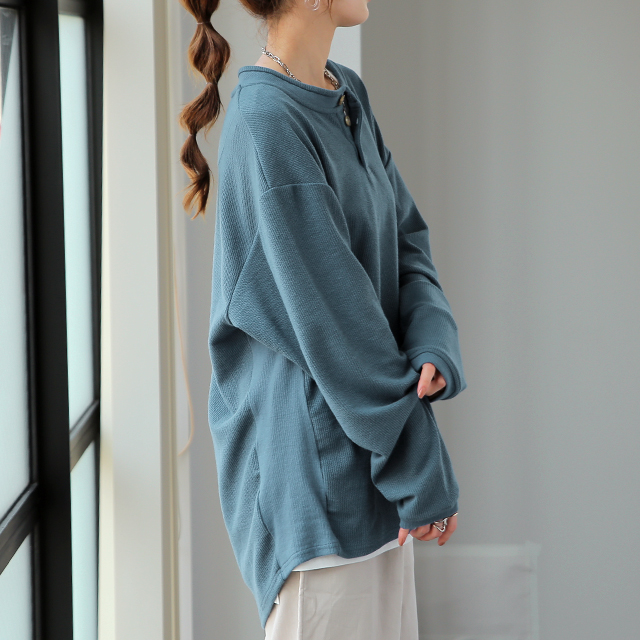 カットソー 柔らか ヘンリーネック Tシャツ トップス ロング リブ 無地 長袖 | HUG.U | 01