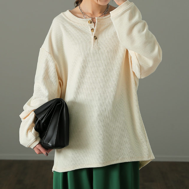 カットソー 柔らか ヘンリーネック Tシャツ トップス ロング リブ 無地 長袖 | HUG.U | 05