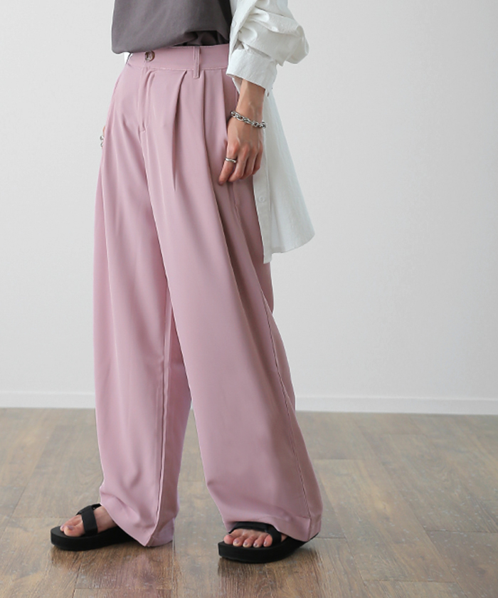 パンツ レディース ワイドパンツ スラックス ワイド ロング カラーパンツ ゴム きれいめ ボトムス | HUG.U | 01