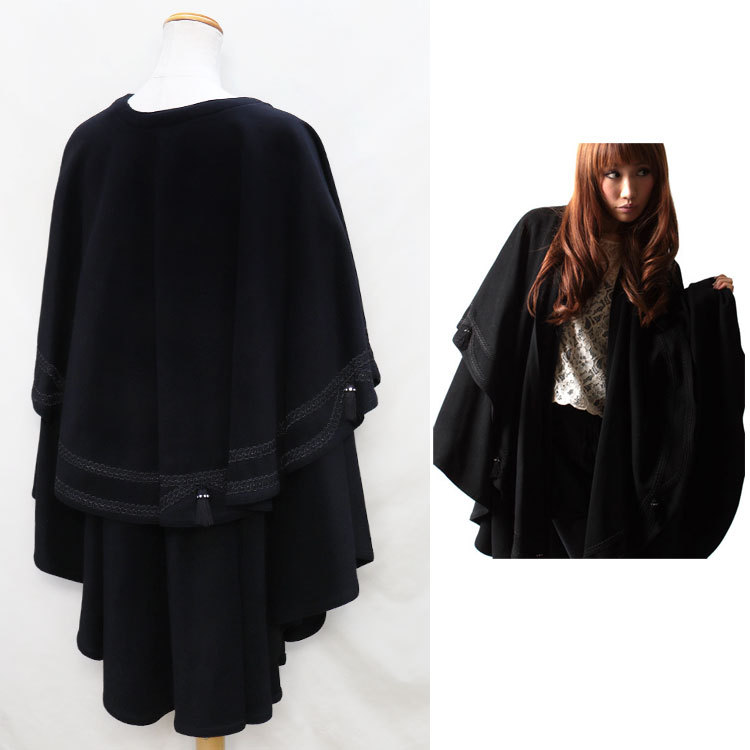 刺繍入り ウール80％ カシミヤ20％ 混合 ドレープ ケープ マント