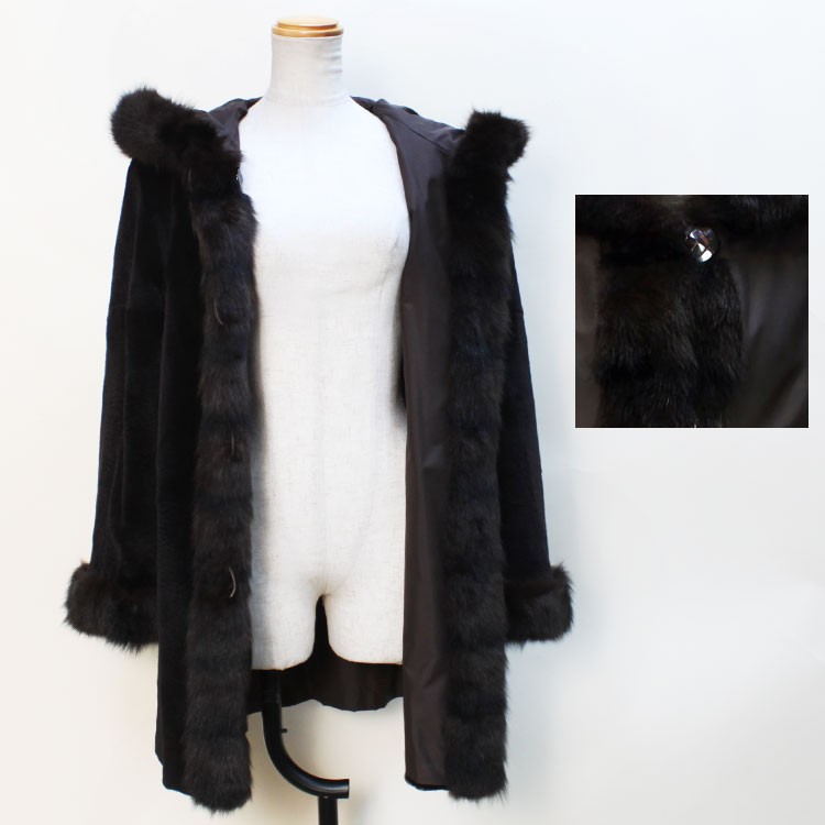 シルク ・ウィーゼル ファー リバーシブル コート フード付 ブラウン