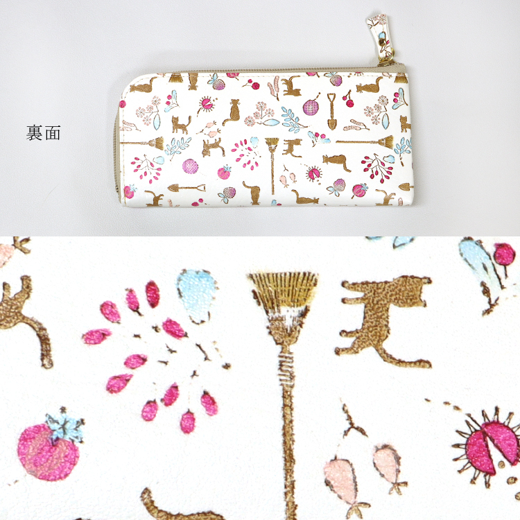 姫革細工 文庫革 姫路産 白なめし革 牛革 長財布 L字ファスナー 猫柄