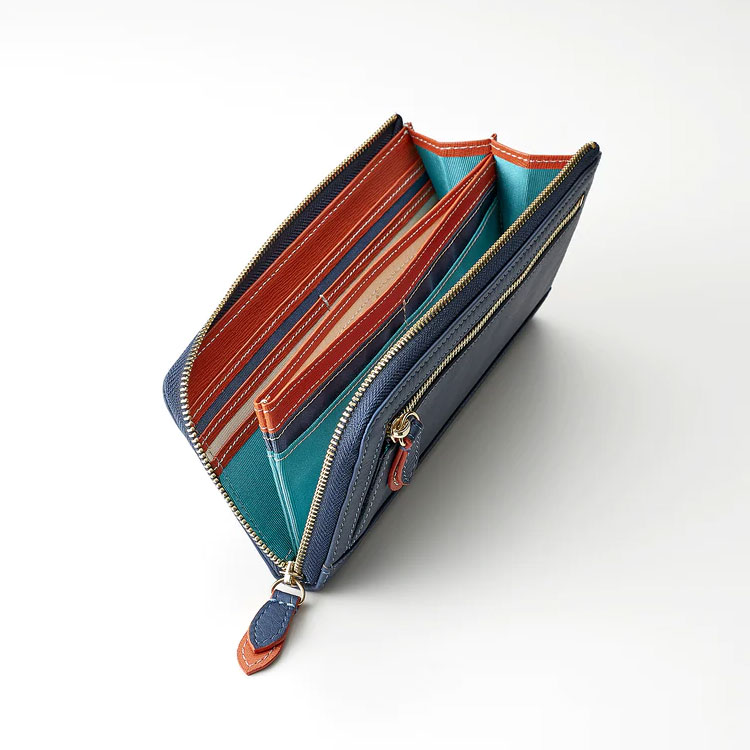 藍染め 本革 ファスナー付き 長財布 L字ファスナー LFラウンド 束入れ