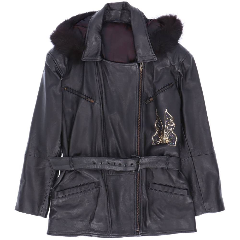 訳あり ラム レザー ジャケット ブラック フォックス ファー 襟 ベルト