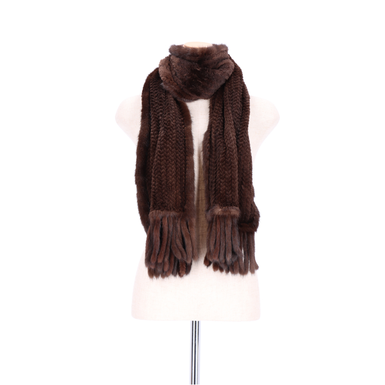【美品】大判　ミンクショール マフラー　ダークブラウン フリンジ付き ミンク 編み込み ニッティング ファー ストール フリンジ付 ダーク