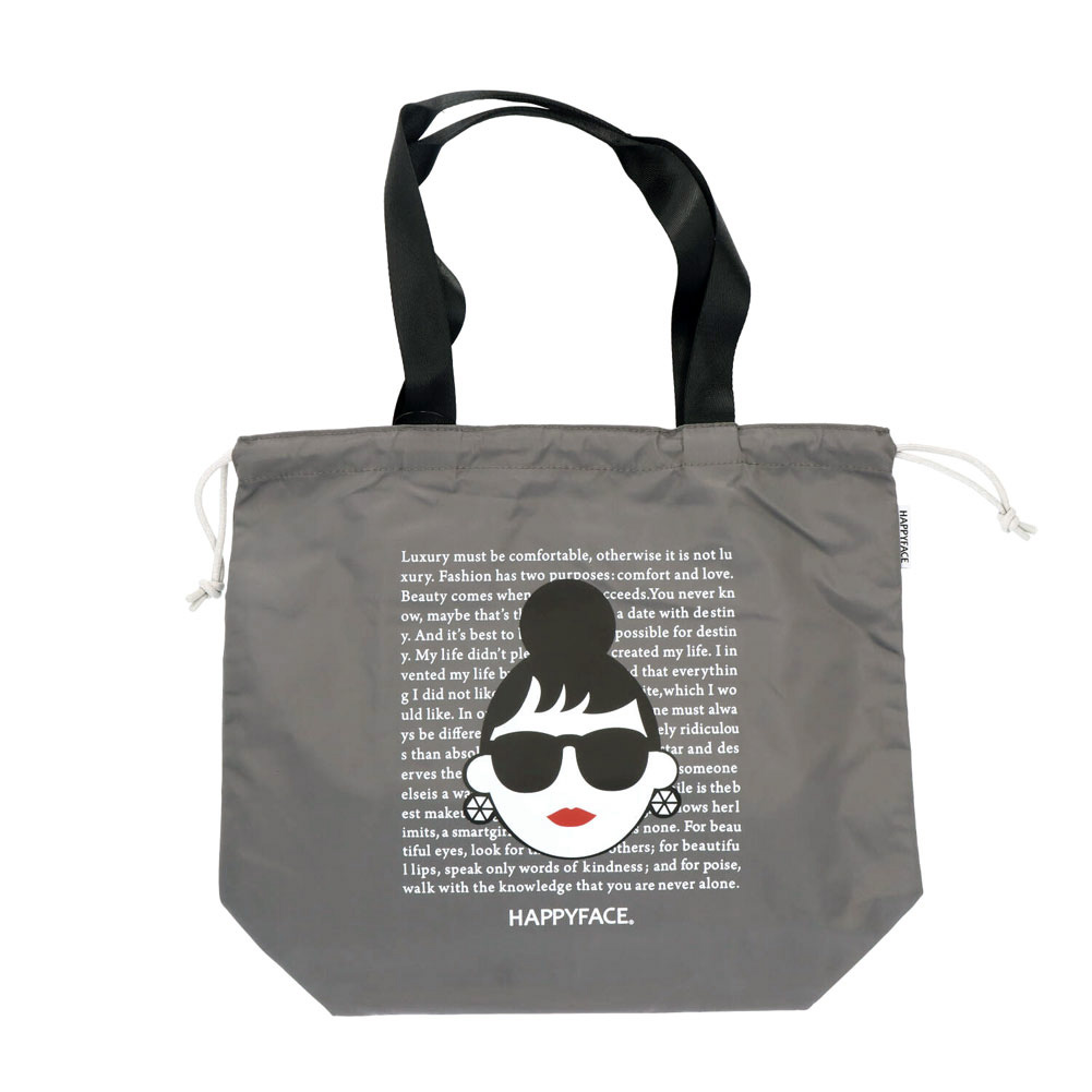 トートバッグ HAPPY FACE EMMA 英字背景 プリント 巾着 お顔