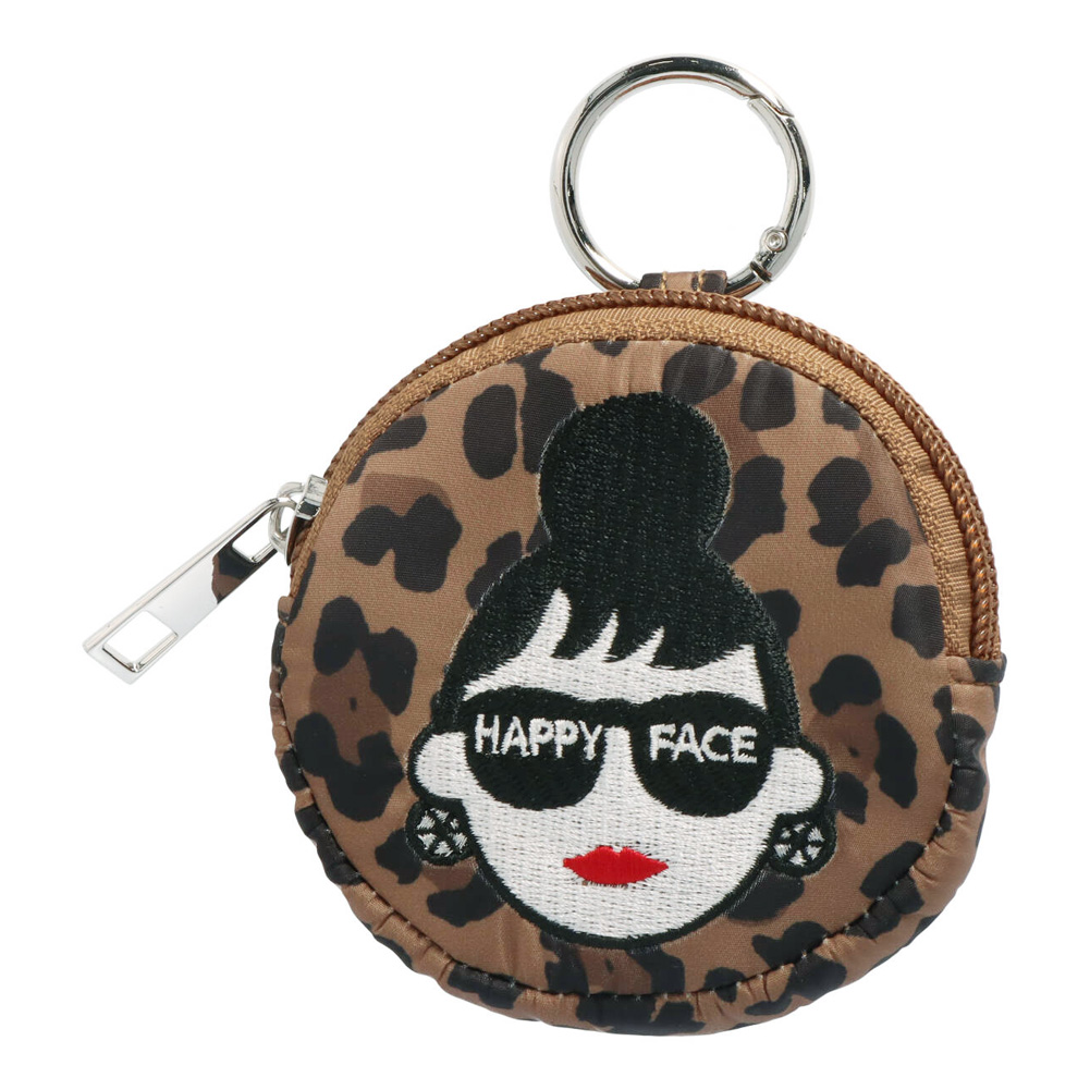 HAPPY FACE EMMA ポーチ 顔 刺繍 カラビナ 丸ポーチ キーチャーム