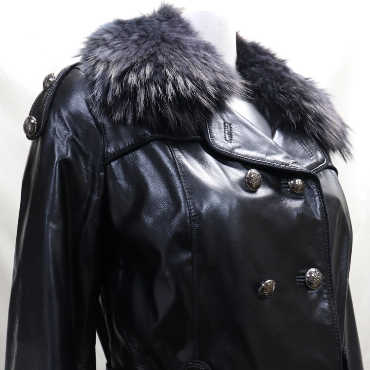 ラクーン ファー 襟付 シープ レザー ジャケット ブラック エナメル