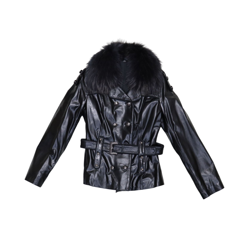 ラクーン ファー 襟付 シープ レザー ジャケット ブラック エナメル