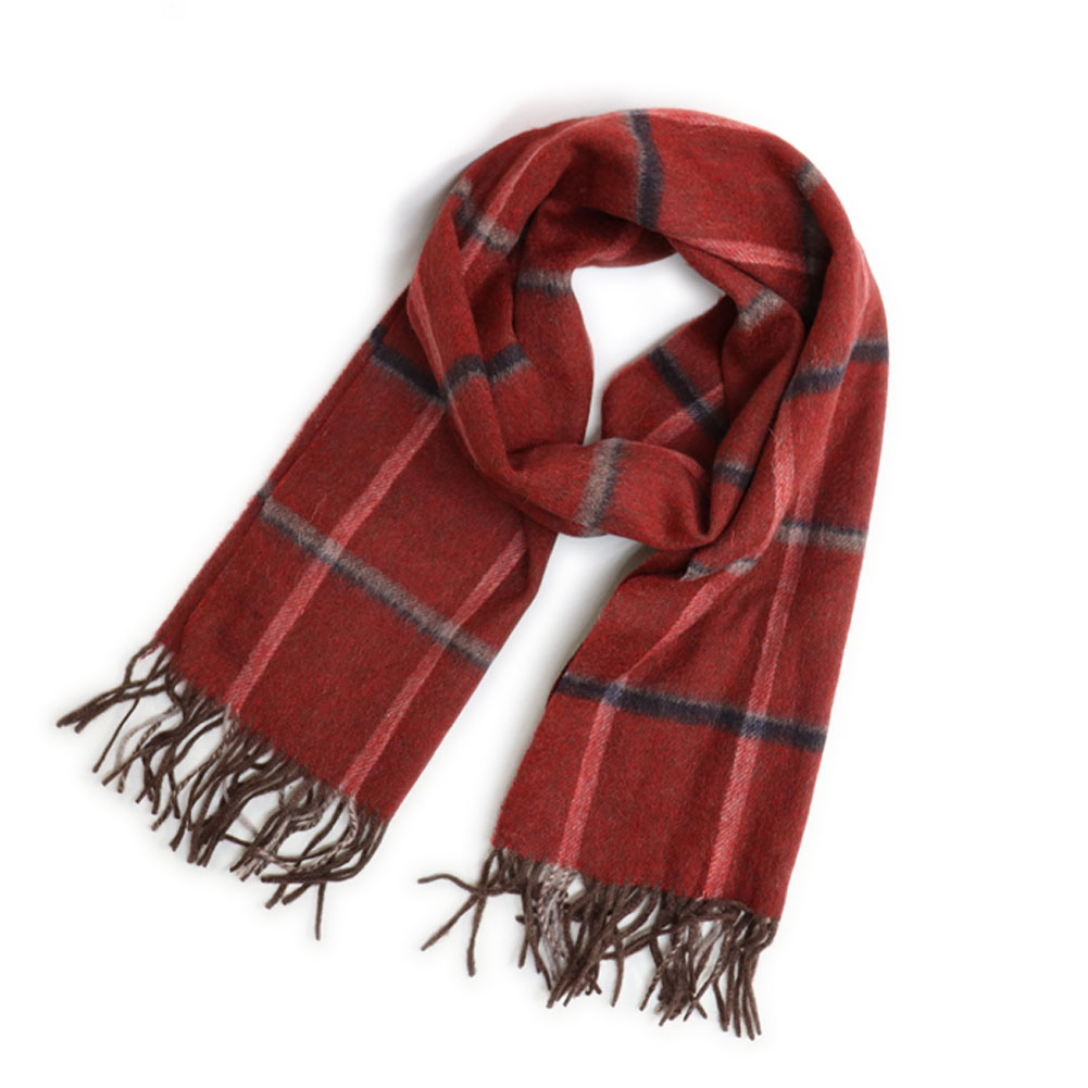 ウール マフラー チェック ダークレッドグレー フリンジ付き