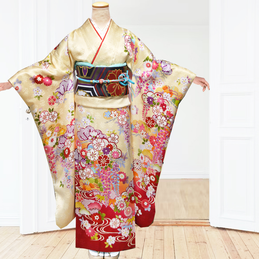 仕立上り 京友禅 正絹 振袖 黄 成人式 ふりそで 購入 販売 : a12-093