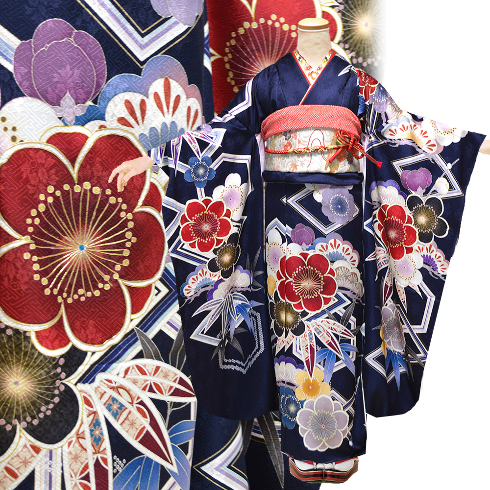 売約済み　美品　正絹　京友禅　振袖3点 京友禅 正絹 振袖 紺 成人式 ふりそで 購入 販売 : 部坂呉服店 - 通販