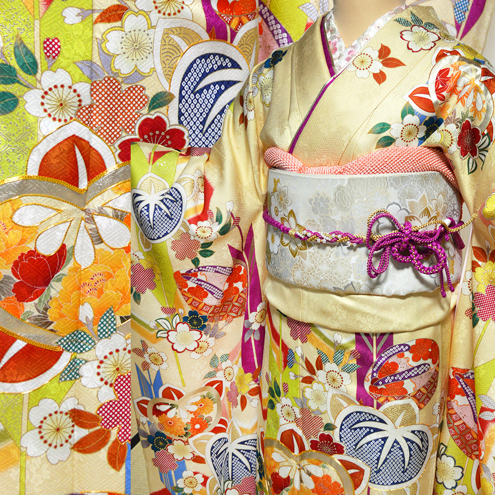京友禅 正絹 振袖 25点セット ベージュ 成人式 ふりそで 振袖 袋帯
