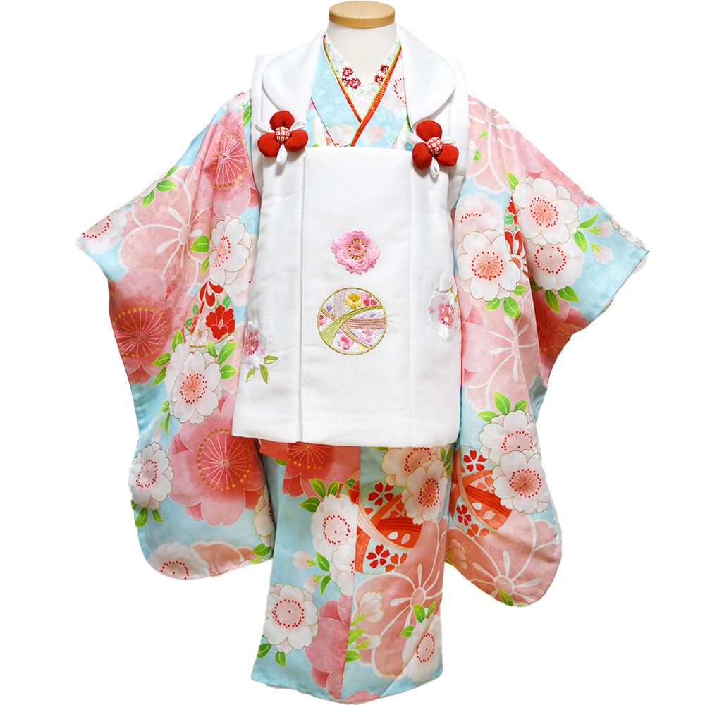 レンタル】 七五三 着物 3歳 被布 セット 8(毬水色・白) : 部坂呉服店
