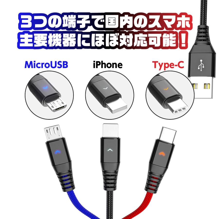 充電ケーブル USBケーブル 3in1 iPhone タイプC ライトニングケーブル type-c microusb アンドロイド スマホ 任天堂スイッチ 1.2m 2m 光る｜heureux｜04