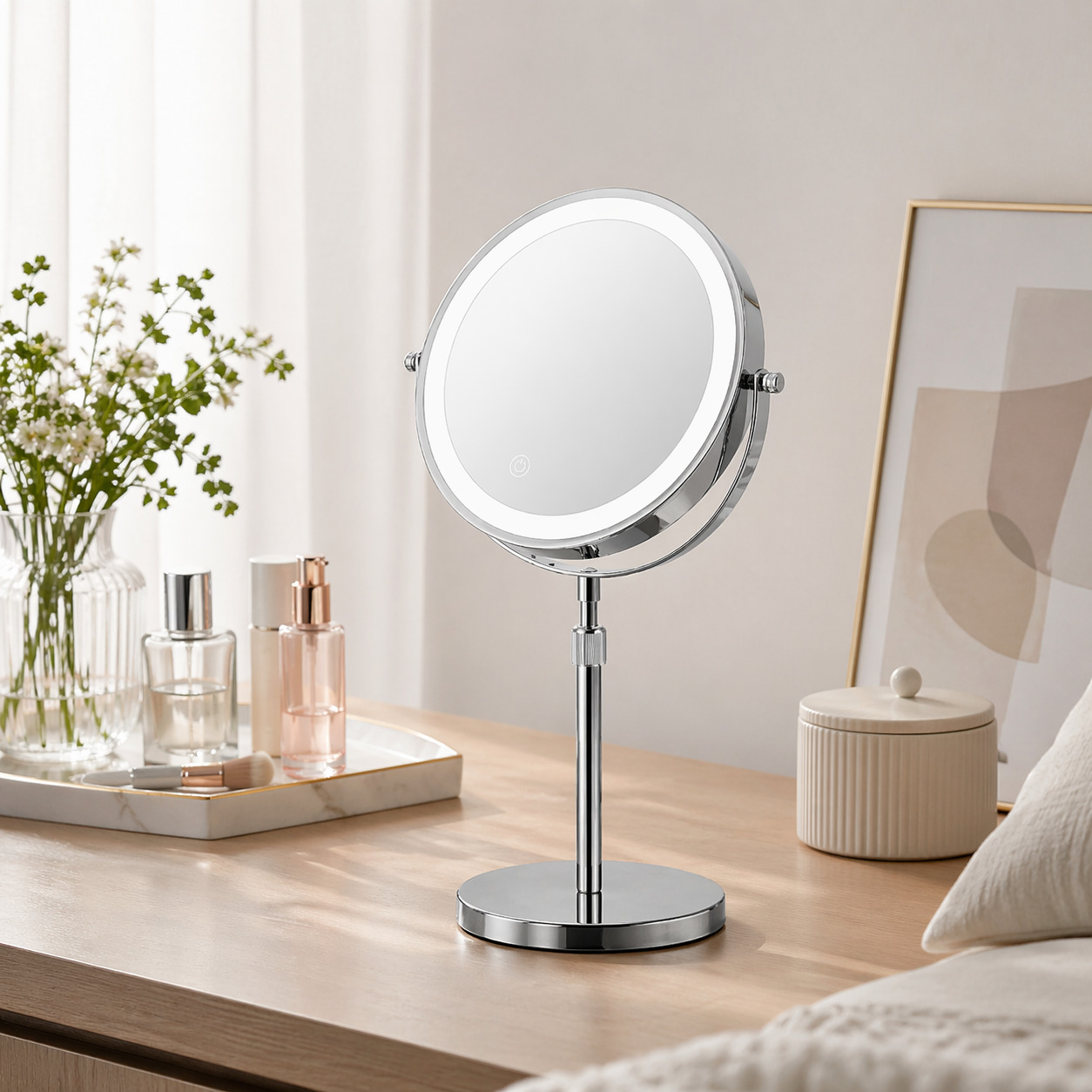 卓上ミラー LED ライト 高さ調節 拡大鏡 充電式 メイクミラー 3倍 5倍