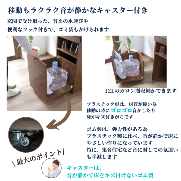 ウォーターサーバー台 取っ手を無くしたシンプルなウォーターサーバーラック アクア 幅39.4 奥行き44.2 高さ74.5cm ホワイト ブラウン ナラ(ナチュラル)の3色をご用意 引き出しはキャスター付きで替えの水運びもらくらくのウォーターサーバー収納 送料無料 開梱設置 完成品