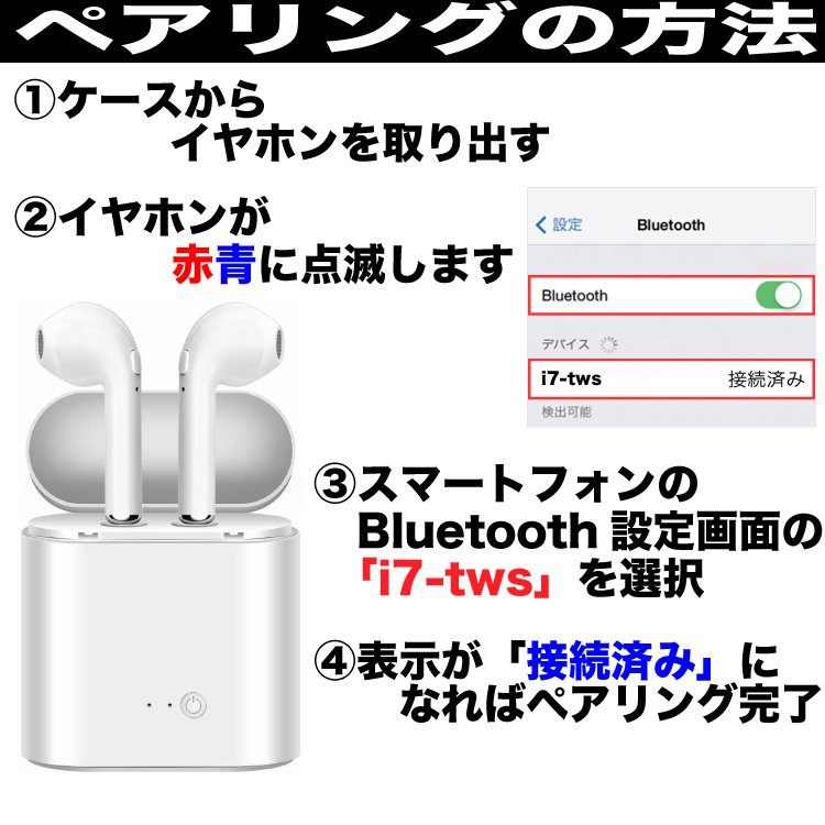ワイヤレスイヤホン　Bluetooth　ブルートゥース　i7s　ホワイト