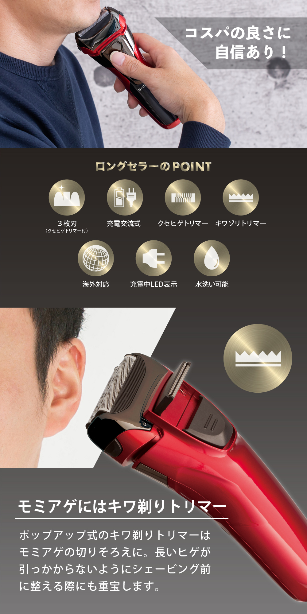 ヒーローグリーン（Hero Green） 3枚刃 シェーバー 往復式 メンズ 電気