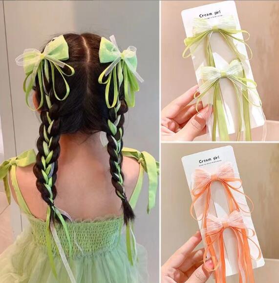 ヘアクリップ 2個組ダブルロングリボンキッズヘアクリップ 新発売