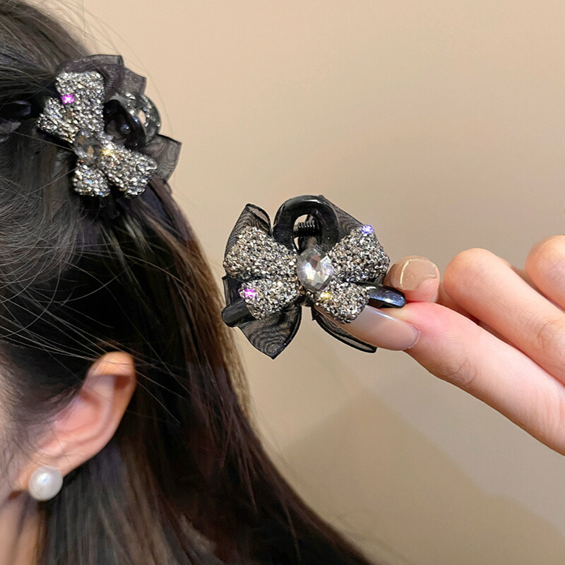 ヘアクリップ 2個セットラインストーンリボンミニバンスクリップ 新