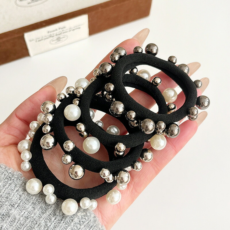 ヘアゴム 4点セットランダムビーズスムースゴム 新発売セール 大人