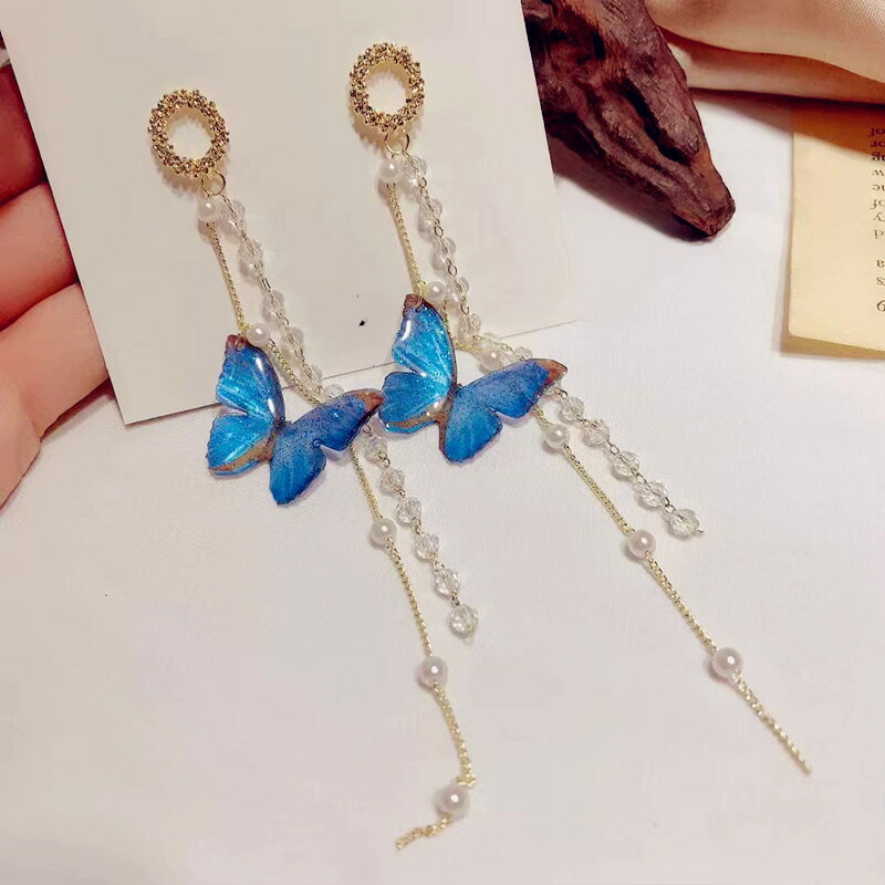 ピアス ブルーバタフライロングチェーンピアス 新発売セール 大人