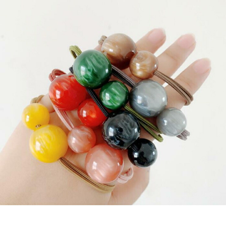 ヘアゴム マーブル模様親子ビーズ2連結びカラーヘアゴム かわいい