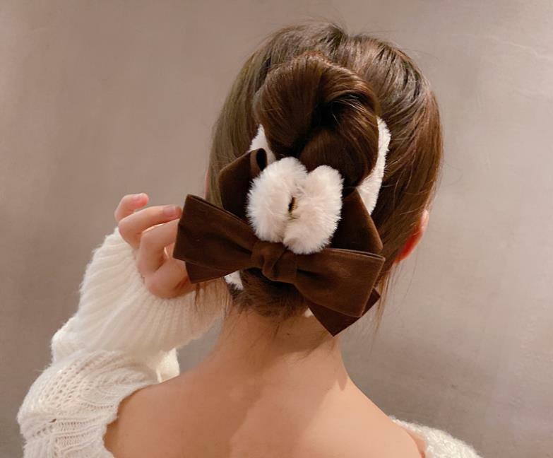 ヘアクリップ ベルベットリボンフェイクファービッグバンスクリップ