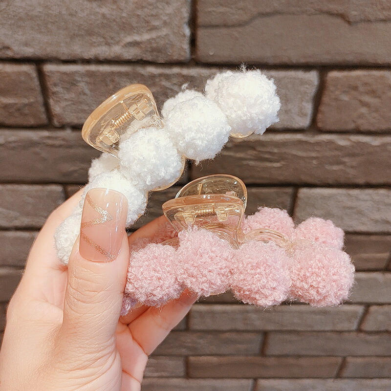ヘアクリップ モコモコボールPPクリアビッグバンスクリップ おとな