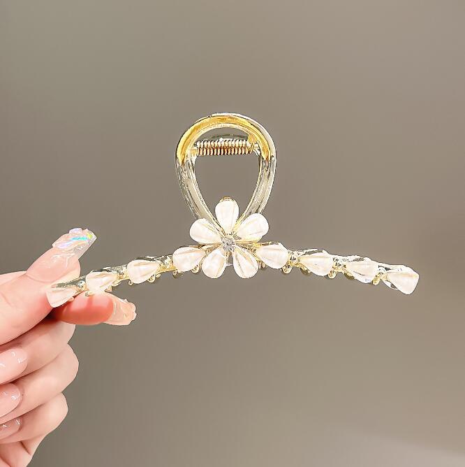 ヘアクリップ シャンパンカラークリスタルフラワーメタルバンス