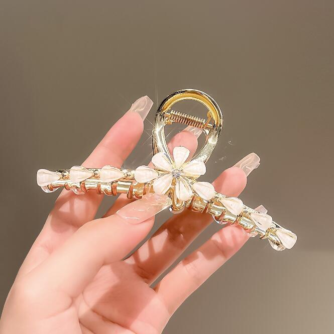 ヘアクリップ シャンパンカラークリスタルフラワーメタルバンス