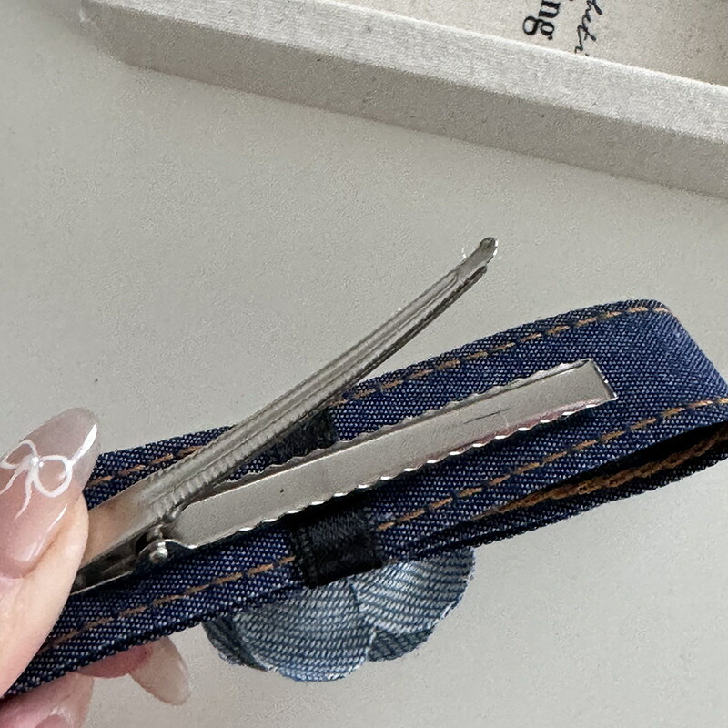 ヘアクリップ ステッチデニムブルーフラワーヘアクリップ 送料無料