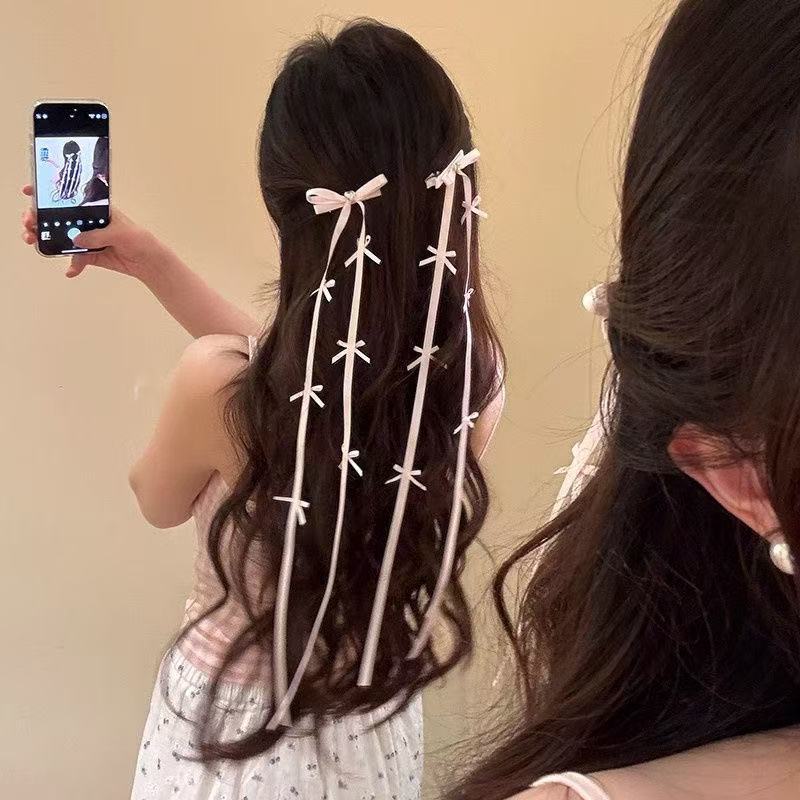 ヘアクリップ 同色2本セットクリスタルハートロングサテンリボン
