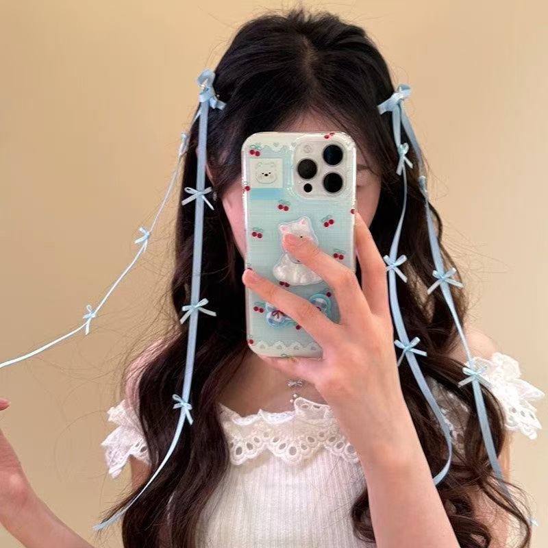 ヘアクリップ 同色2本セットクリスタルハートロングサテンリボン