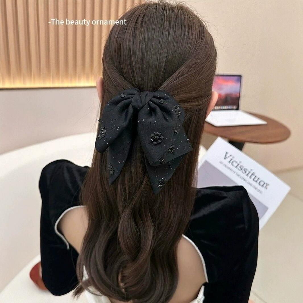 ヘアクリップ ブラックリボンブラックビーズバンスクリップ 大人