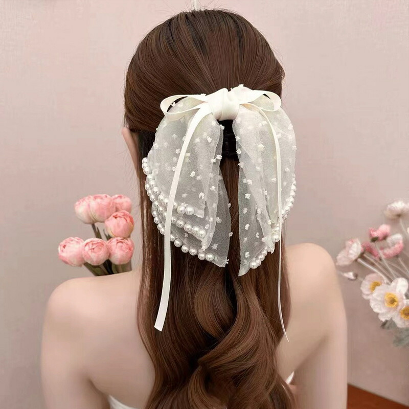 ヘアクリップ パールデコレーションダブルリボンパーティークリップ