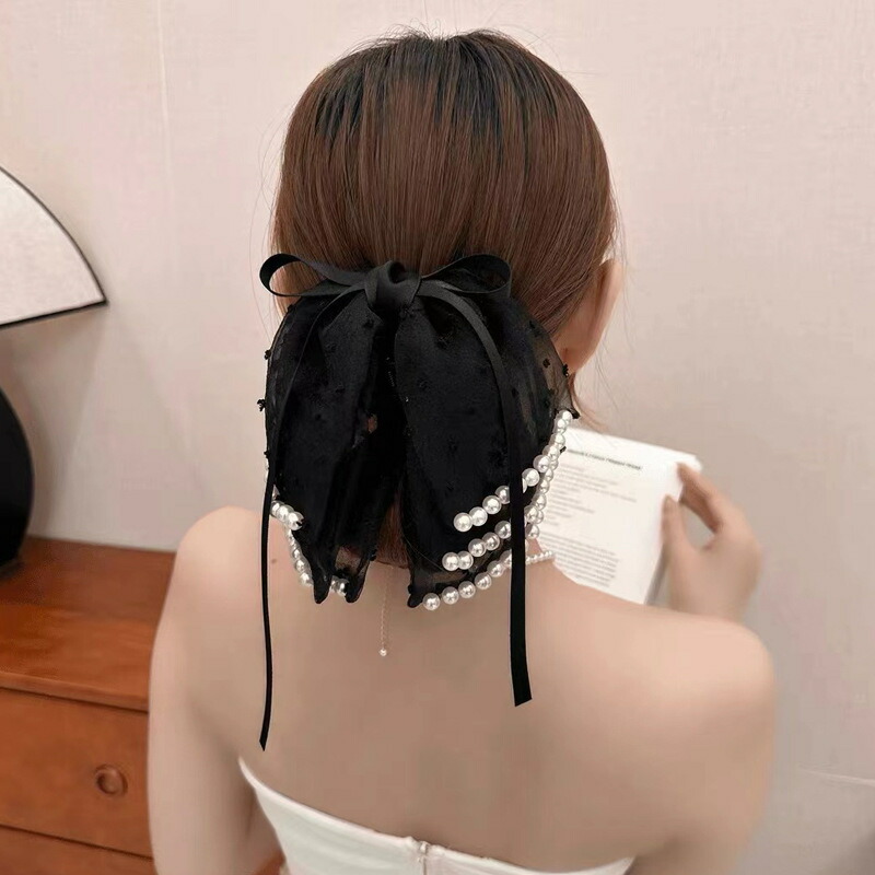 ヘアクリップ パールデコレーションダブルリボンパーティークリップ