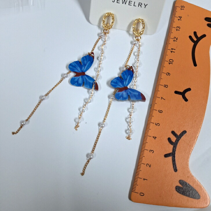 ピアス ブルーバタフライロングチェーンピアス 新発売セール 大人