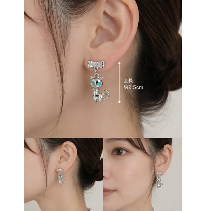 ピアス リボンと猫の揺れるピアス 新発売セール 猫グッズ ねこ ネコ