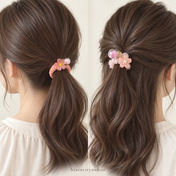 シュシュ 2個セット 梅＆桜 フラワーチャーム ヘアゴム 送料無料