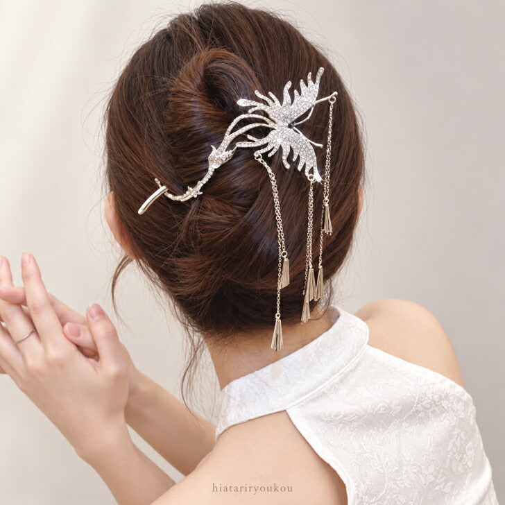ヘアクリップ かんざし風 蝶 バタフライ ラインストーン 揺れる