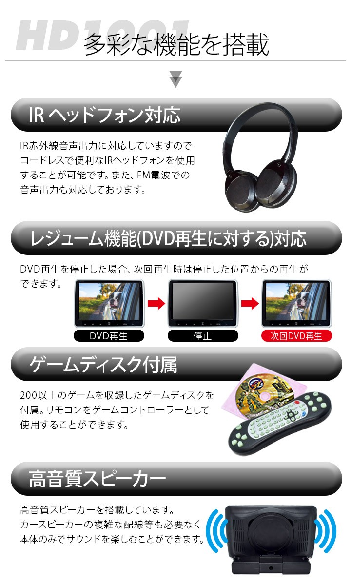 車載モニター ヘッドレストモニター 10インチ 2個セット DVD