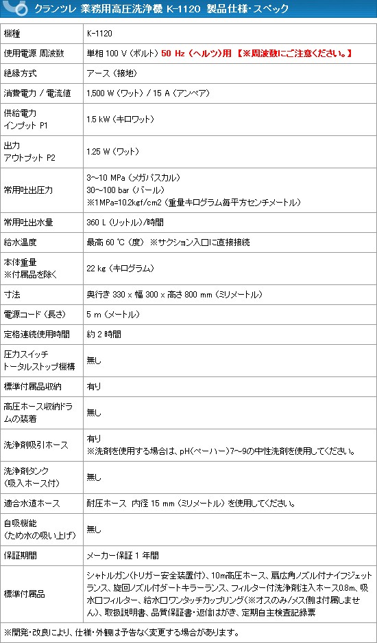 廃番のため販売終了 クランツレ 業務用 100v冷水高圧洗浄機 K 11 50hz 後継機種はk 1121です Www Cholarisk Com