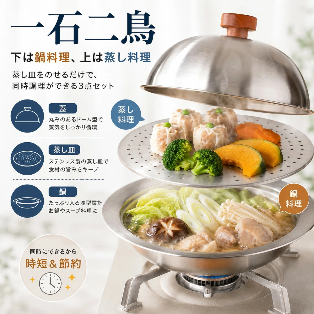 卓上鍋 IH対応 ステンレス鍋 蒸し器セット 20cm 24cm ガス火対応 蒸し