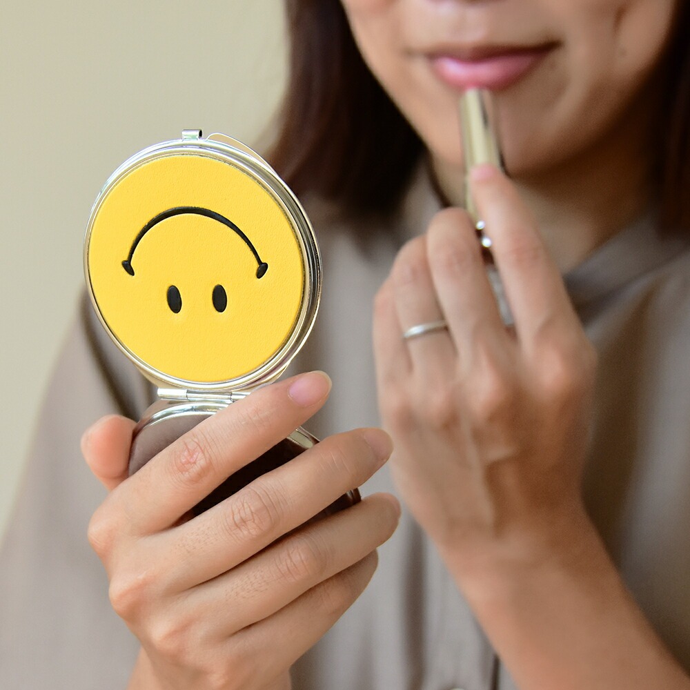 ミラー 拡大鏡付き コンパクトミラー 丸型 本革製 スマイル 手鏡 両面