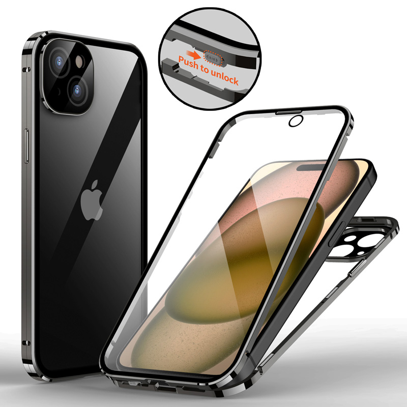 両面ガラス バンパーロック iPhone15 iPhone15Plus iPhone15Pro iPhone15ProMax ケース 両面 9H強化ガラス アイフォン15 透明 カバー アルミバンパー｜hightechworld｜02